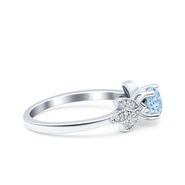 Art Deco Wedding Bridal Ring Leaf Dainty Round Simulated Aquamarine CZ 925 Sterling Silver